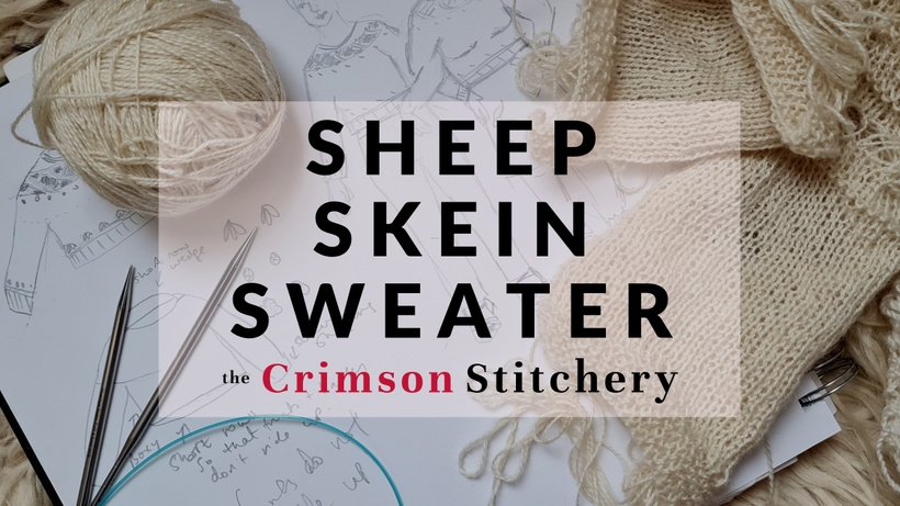 Sketches, wool yarn and knitted swatches for designing a modern knitting pattern