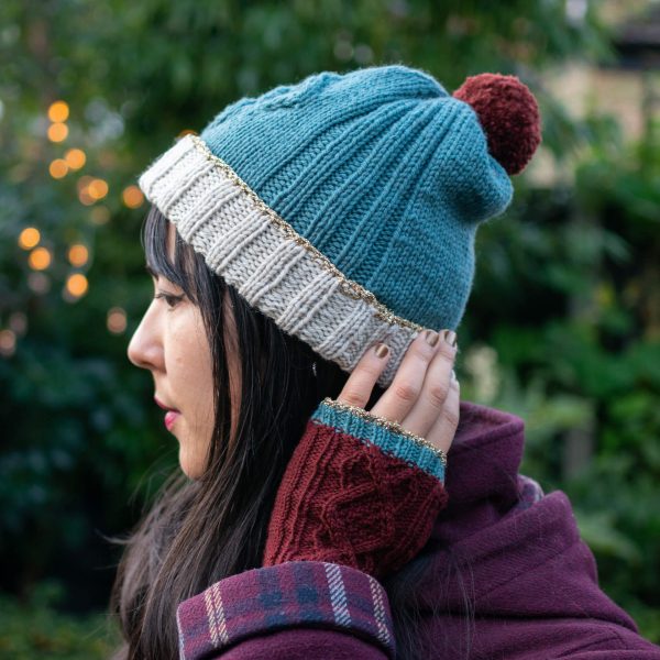 Ribbed beanie hat with pompom and cabled fingerless mitts knitting pattern