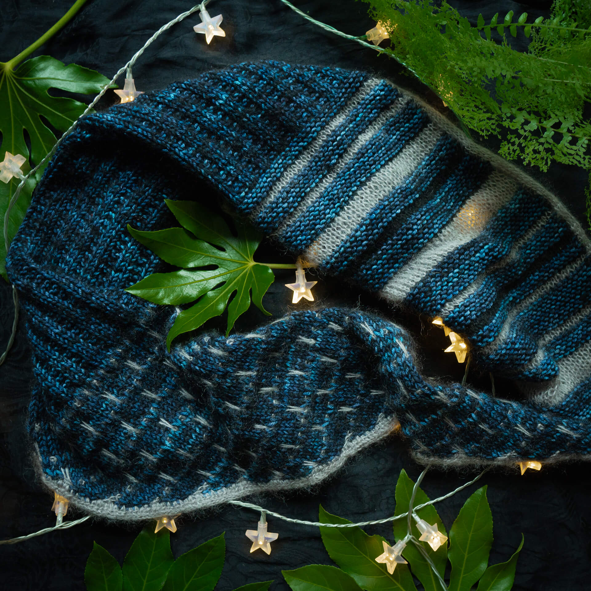 Textured shawl knitting pattern with mohair silk and merino wool yarn