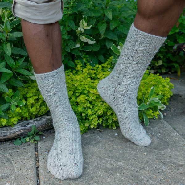 Cabled mens socks knitting pattern, knit in tweed yarn