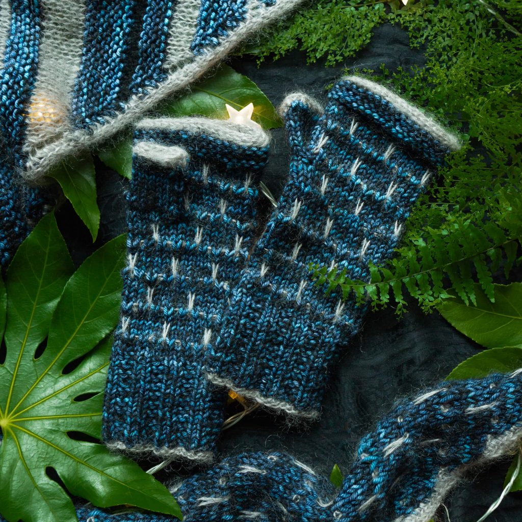 Colorwork fingerless mitts knitting pattern with mohair silk and merino wool yarn