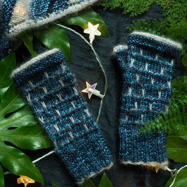 Colorwork fingerless mitts knitting pattern with mohair silk and merino wool yarn